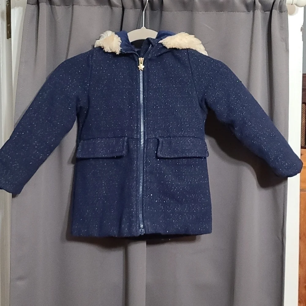 Osh Kosh B'Gosh Toddler Girls Coat 1%Wool Blend Navy Sparkly Hooded Size 4 EUC